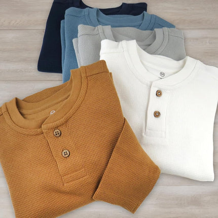 HonestBaby Lot de 5 T-shirts Henley à manches longues en coton gaufré 100 % coton biologique pour bébés et tout-petits garçons, unisexe, motif Varsity Prep, 12 mois