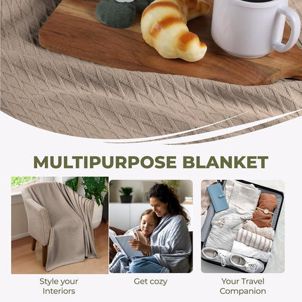 Superior Diamond Weave All-Season Cotton Blanket, Cover for Home, Couch, Bed, Soft, Warm Blankets, Boho Aesthetic, Comfy, Cozy, and Cute Covers, Decorative Bedding Essentials, Throw Size, Khaki