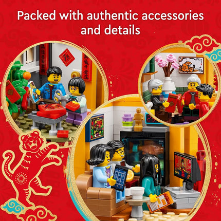 LEGO Lunar New Year Traditions 80108 Building Kit; Gift Toy for Kids Aged 8 and Up; Building Set Featuring 6 Festive Scenes and 12 Minifigures, Including The God of Wealth (1,066 Pieces)