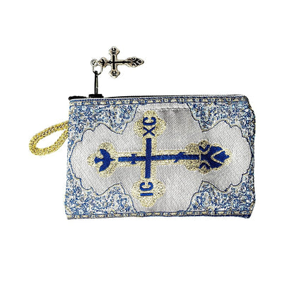 Intercession Hand-Woven, Lined Madonna and Child Rosary Pouch, Made in Turkey with Premium Metallic Thread (Blue - Small)