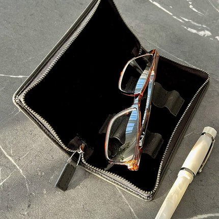 DiLoro Leather Zippered Triple or Quad Pen Case Pencil Pouch Holder for Three or Four Fountain Ballpoint Rollerball Pens or Glasses (Nappa Brown)