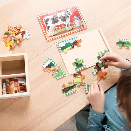Melissa & Doug Farm Jigsaw Puzzles in a Box (Four Wooden Puzzles, Beautiful Artwork, Sturdy Wooden Storage Box, 48 Pieces, 20.32 cm H x 15.24 cm W x 6.35 cm L)