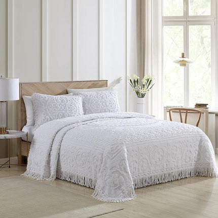 Beatrice Home Fashions Medallion Chenille Bedspread, Standard Sham, White
