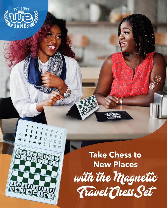 WE Games Mini Magnetic Travel Chess Set - 6" Foldable Board with Durable Vinyl Pieces & Extra Queens - Indoor & Outdoor Magnetic Chess Game - White Logo