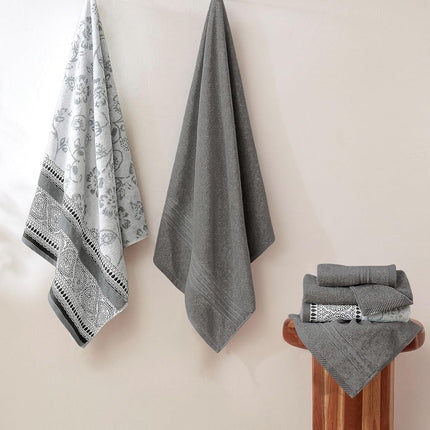 Modern Threads 6 Piece Set, 2 Bath Towels, 2 Hand Towels, 2 Washcloths Yarn Dyed Jacquard/Solid Towel Set Ophelia Stone