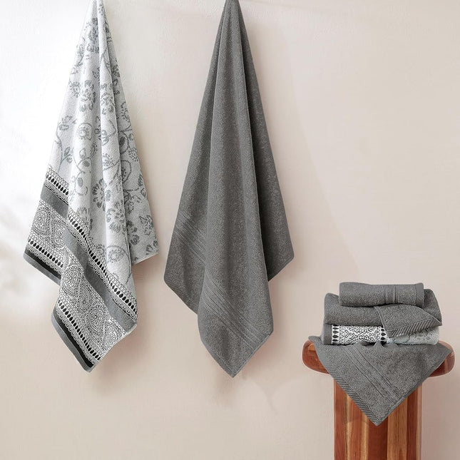 Modern Threads 6 Piece Set, 2 Bath Towels, 2 Hand Towels, 2 Washcloths Yarn Dyed Jacquard/Solid Towel Set Ophelia Stone