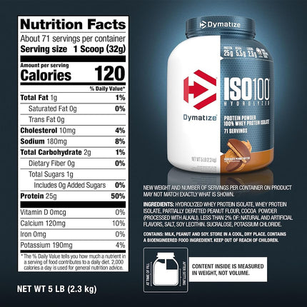 Dymatize ISO100 - 100% Hydrolyzed Whey Protein Isolate - Chocolate Peanut Butter, 5lbs/2.3kg
