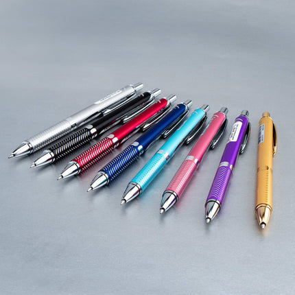 Bolígrafo de gel Pentel EnerGel Alloy RT, punta metálica mediana, cuerpo plateado, tinta negra, 1 unidad (BL407BP)
