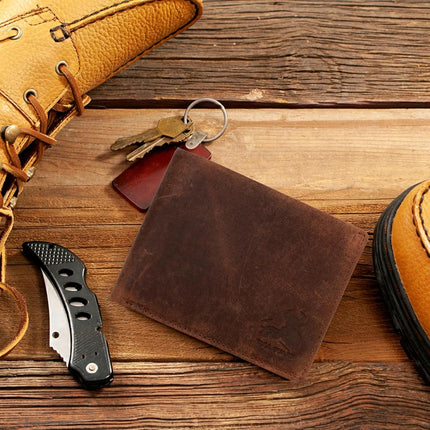 RFID Bifold Leather Wallet For Men with Flip Up ID in Vintage Buffalo Brown, Wild Crazy Horse, Bifold Wallet