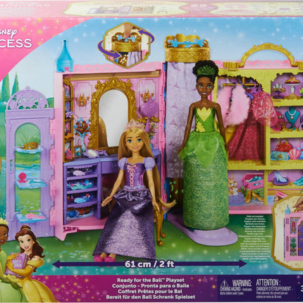 Mattel Disney Princess Closet Playset with 2 Fashions, 25 Accessories, Vanity, Dressing Room, Runway & Storage, Opens to 2 Feet, Movie-Inspired, HXC20, Gift Set Ready for the Ball