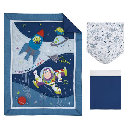 Disney Toy Story Outta This World Blue and Gray 3 Piece Nursery Crib Bedding Set - Comforter, Fitted Crib Sheet, and Crib Skirt, Navy (4763276P)