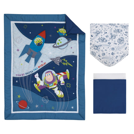 Juego de ropa de cama de 3 piezas para cuna de guardería Disney Toy Story Outta This World azul y gris - Edredón, sábana bajera para cuna y falda para cuna, azul marino (4763276P)