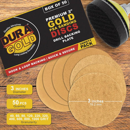 Dura-Gold - Premium - Variety Pack (40,60,80,120,220,320,400,600,800,1000) - 3" Gold Hook & Loop Sanding Discs for DA Sanders - Box of 50 Sandpaper Finishing Discs for Automotive and Woodworking