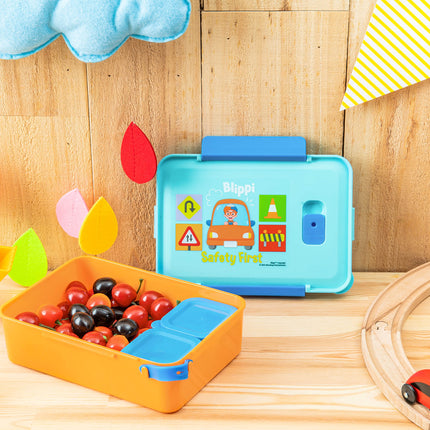 Fiambrera Bento de plástico reutilizable de Zak Designs Blippi con cierre hermético, asa de transporte, válvula de vapor para microondas y recipientes individuales para el almuerzo empaquetado de niños (set de 3 piezas)