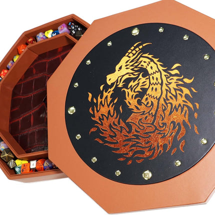 Fantasydice 12" Fire Dragon Eye Dice Tray with Lid – Extra Large Octagon with Mesmerizing Eye Design, Dice Staging Area – Holds 7 Full Dice Sets for Epic RPGs like D&D, Call of Cthulhu, and Shadowrun!