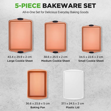 NutriChef 5 Piece Baking Pan Set, Nonstick Carbon Steel Bakeware Pans, Stackable Baking Trays, Kitchen Bake Cookie Sheet for Oven, with Silicone Handles, PFOA, PFOS, PTFE Free