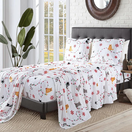 Elegant Comfort Luxuriously Soft 4-Piece Holiday Velvet Plush Flannel Sheet Set - Premium Quality - Cozy Warm, Christmas Fuzzy Velvet Flannel Fleece Deep Pocket Sheet Set - Twin XL, Jingle Cats