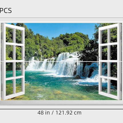 FLFK Fake Window Wall Sticker - Waterfall Faux Window Wall Mural for Wall Decor, Stick and Peel Wall Decals, 48"x32", Set of 2 Sheets