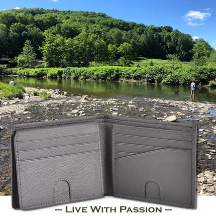 RFID Bifold Leather Wallet for Men with Flip Up ID in Vintage Buffalo Brown, Wild Mountain Grey, S, Modern