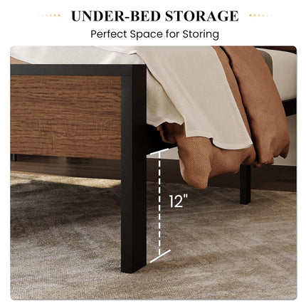 SHA CERLIN 14 Inch Twin Size Metal Platform Bed Frame with Wooden Headboard and Footboard, Mattress Foundation, No Box Spring Needed, Large Under Bed Storage, Heavy Duty Slats Support, Walnut