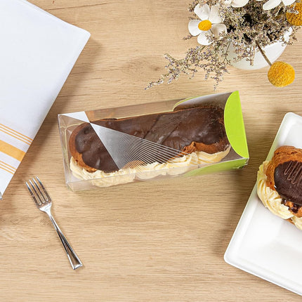 Restaurantware-7 Inch x 2.5 Inch Clear Dessert Boxes, 100 Green Paper Sleeve Transparent Candy Boxes - Geometric Line Accent, No Grease Lining, Clear Plastic Favor Box, Crack Resistant