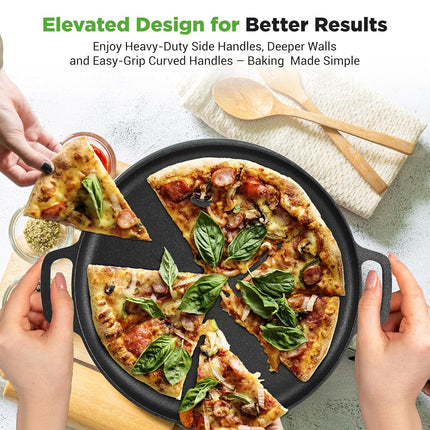 Poêle à pizza en fonte de 13 po - Poêle de cuisson à pizza en fonte avec poignée facile à saisir - Pour cuisinière à gaz, électrique, en verre, à induction, four et gril/feu de camp - 2 poignées en silicone - Nutrichef NCCIPD