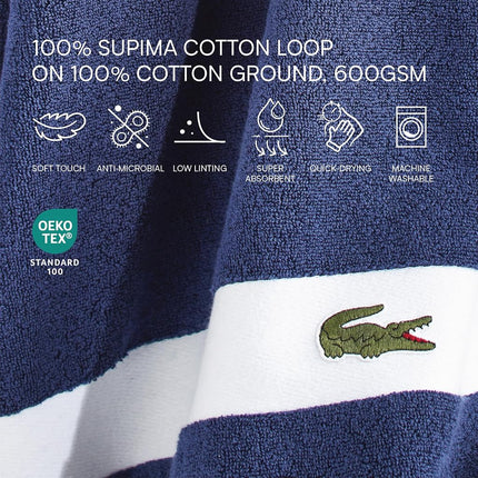 Lacoste Sport Stripe 6-Piece Luxury Cotton Towel Set – Made with 100% Soft Supima Cotton, Absorbent & Quick-Drying, Includes 2 Bath Towels, 2 Hand Towels, 2 Washcloths, Navy