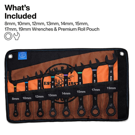 KLEIN TOOLS 69408MG Metric Ratcheting Combination Wrench Set, 8 to 19 mm, 90-Tooth Steel Alloy with Foam Pouch, 8-Piece