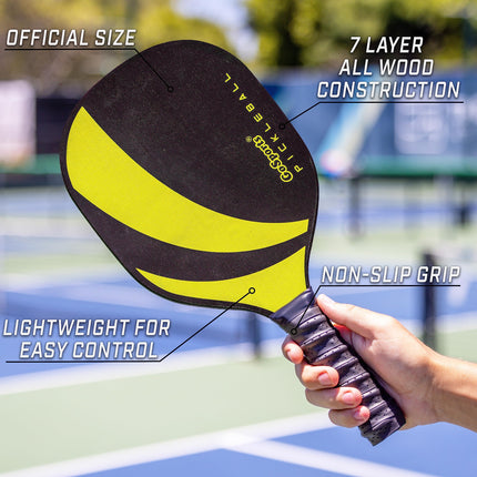 Juego de pickleball GoSports con 4 palas, 4 pelotas de pickleball reglamentarias y estuche de transporte - Clásico, Retro, Azul Acero o Amarillo