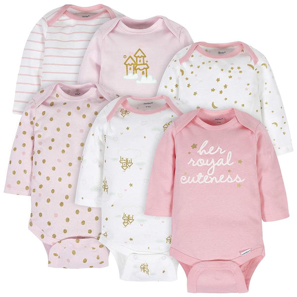 Gerber Baby Girls' 6-pack Long-sleeve Onesies Bodysuits, Castle, 0-3 Months