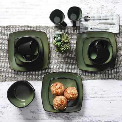 Gibson Soho Lounge Square Reactive Glaze Stoneware Dinnerware Set, Service for 4 (16pc), Green