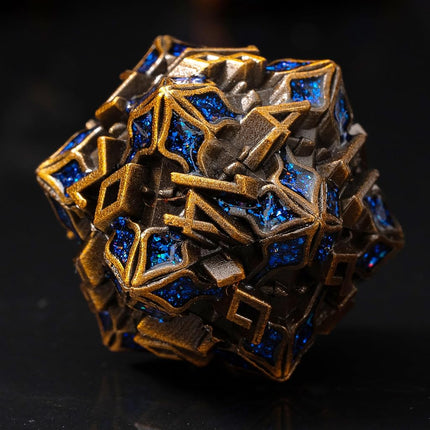 Metal Dice for DND - Spire Sanctum Series (Antique Gold Blue Glitter)