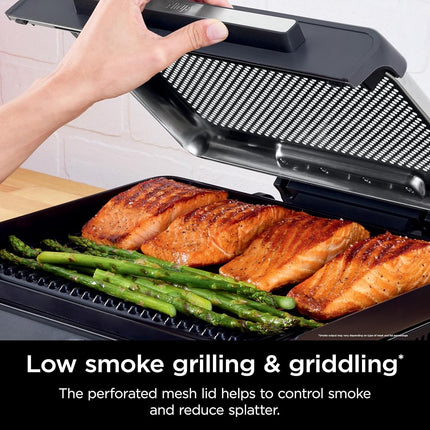Ninja GR101 Sizzle Smokeless Indoor Grill & Griddle, 14'' Interchangeable Nonstick Plates, Dishwasher-Safe Removable Mesh Lid, 500F Max Heat, Even Edge-to-Edge Cooking, Grey/Silver