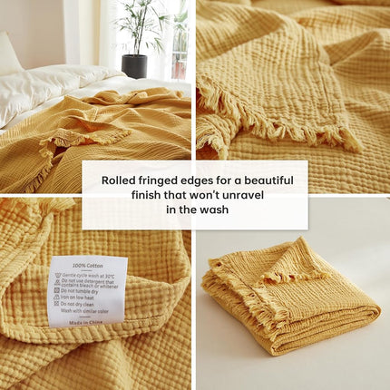 Manta Simple&Opulence de muselina de algodón de 4 capas para cama, sofá, manta de gasa tejida con borlas, suave, ligera, acogedora, prelavada, transpirable, decoración de granja para todas las estaciones (amarillo)