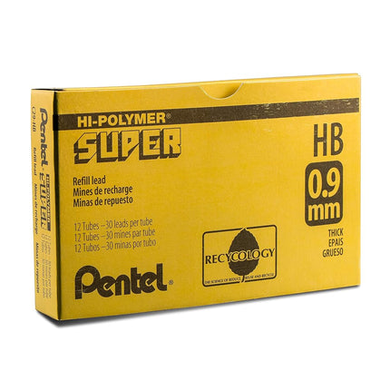 Pentel Super Hi-Polymer Lead, 0.9 mm, Medium, HB, 30 Pieces/Tube, Box of 12 (C29-HB) Pentel