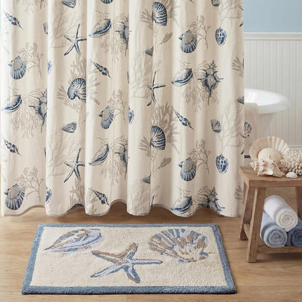 Madison Park Bayside 100% Cotton Tufted Non-Slip Absorbent Ultra Soft Seashells Beach Style Bath Mat Bathroom Rugs, 21X34 Inches Blue