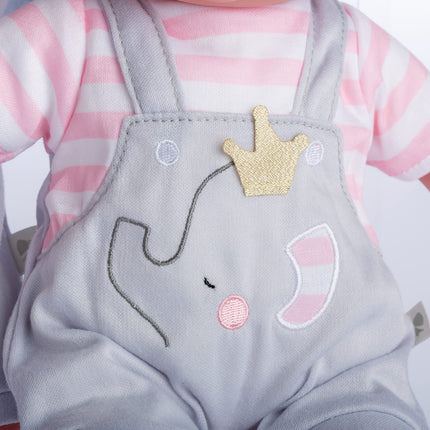 Berenguer Grey overall shorts with pink stripes, headband and booties.