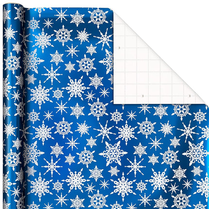 Hallmark Blue Foil Christmas Wrapping Paper with Cut Lines on Reverse (3 Rolls: 60 sq. ft. TTL) Snowmen, Snowflakes, Christmas Trees