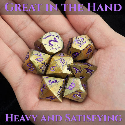 Metal Dice for DND - Ancient Cracked Pharaoh Ruins - Gold Purple Cracks