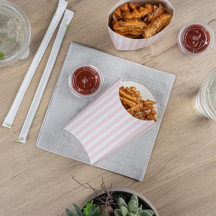 Bio Tek 4.7 x 3.5 x 5.1 Inch French Fry Cup, 100 Disposable Snack Cups - Stackable, Sustainable, Pink and White Paper 4 Ounce Fry Holder, for Fries, Onion Rings, Popcorn, or Cookies - Restaurantware
