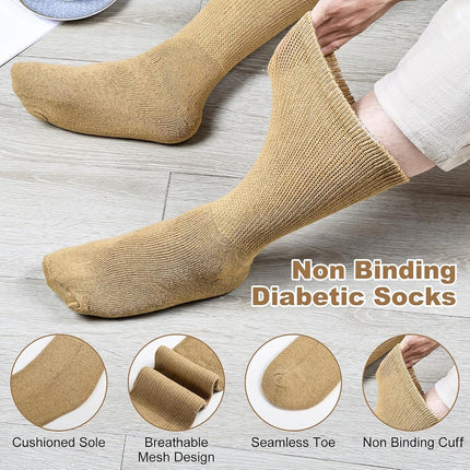 Physicians Approved Diabetic Socks For Men Women Non-Binding Loose Top Wide Crew Length, 12 Pairs Khaki, 10-13