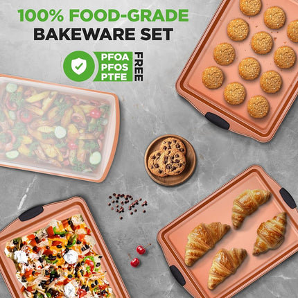 NutriChef 5 Piece Baking Pan Set, Nonstick Carbon Steel Bakeware Pans, Stackable Baking Trays, Kitchen Bake Cookie Sheet for Oven, with Silicone Handles, PFOA, PFOS, PTFE Free