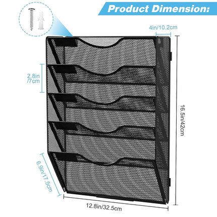Solinxe Wall Hanging File Holder 5 Pocket Wall Mounted Paper Organizer Magazine File Holder Storage Rack,Black