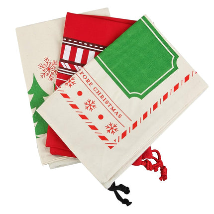 JOYIN 3 PCS Christmas Large Canvas Gift Bag 26" x 19", Drawstring Santa Burlap Sack Reusable Personalized Cloth Pouch for Xmas Presents Package, Party Supplies, Hoilday Decoration, Green&White&Red