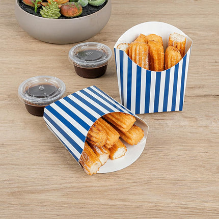 Restaurantware-Bio Tek 4.5 x 3.2 x 3.9 Inch French Fry Cup, 100 Disposable Snack Cups - Stackable, Sustainable, Blue and White Paper 3 Ounce Fry Holder, for Fries, Onion Rings, Popcorn, or Cookies