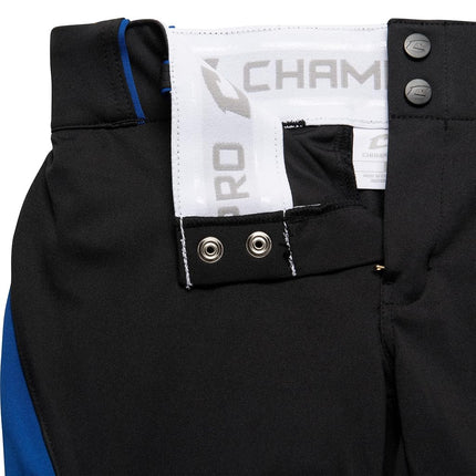 Pantalon de softball CHAMPRO Surge traditionnel taille basse pour homme avec liseré tressé de couleur contrastante, noir, royal, très grand