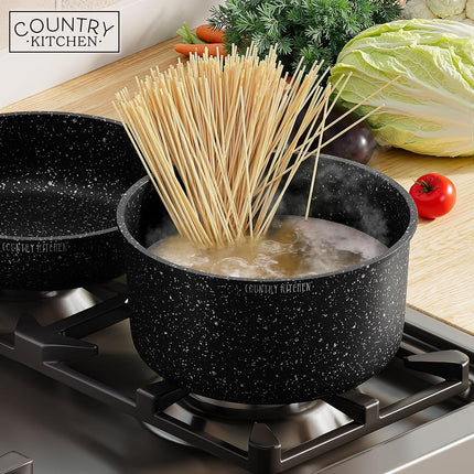 Country Kitchen 13 Piece Pots and Pans Set - Safe Nonstick Cookware Set Detachable Handle, Kitchen Cookware with Removable Handle, RV Cookware, Oven Safe (Black)