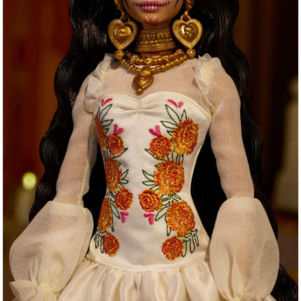 Barbie Signature Doll, Día De Muertos 2025 Collectible in Ruffled Cream Gown Trimmed with Marigolds and Ribbon, Flower Crown and Calavera Face Paint, JBJ05