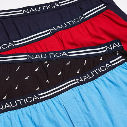 Nautica Men's Classic Cotton Loose Knit Boxer Shorts, Peacoat/Aero Blue Red/Sails Black-4 Pack, Medium
