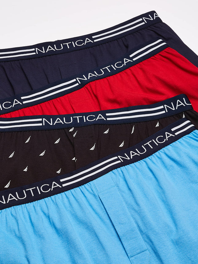 Nautica Men's Classic Cotton Loose Knit Boxer Shorts, Peacoat/Aero Blue Red/Sails Black-4 Pack, Medium
